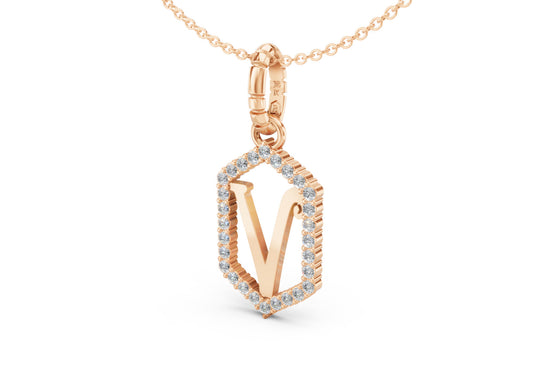 Diamond Pave Letter Charm in Rose Gold, letter V