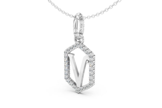 Diamond Pave Letter Charm in White Gold, letter V