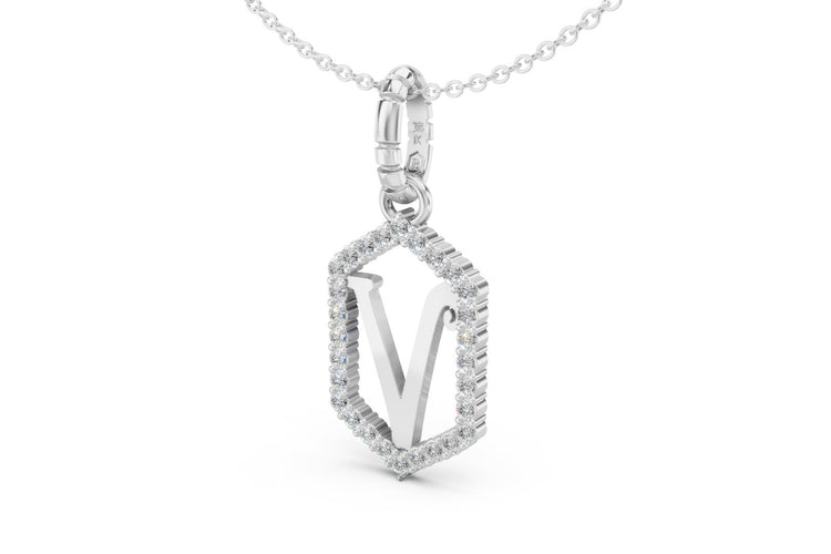 Diamond Pave Letter Charm in White Gold, letter V