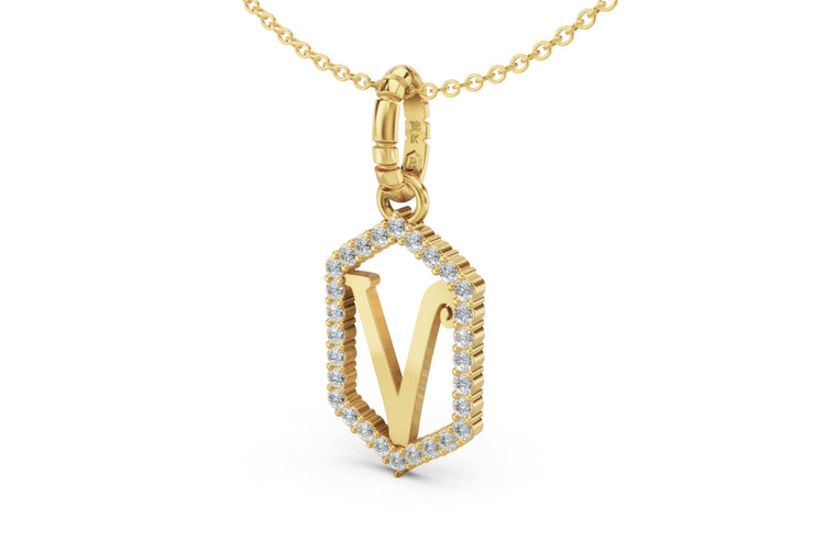 Diamond Pave Letter Charm in Yellow Gold, letter V