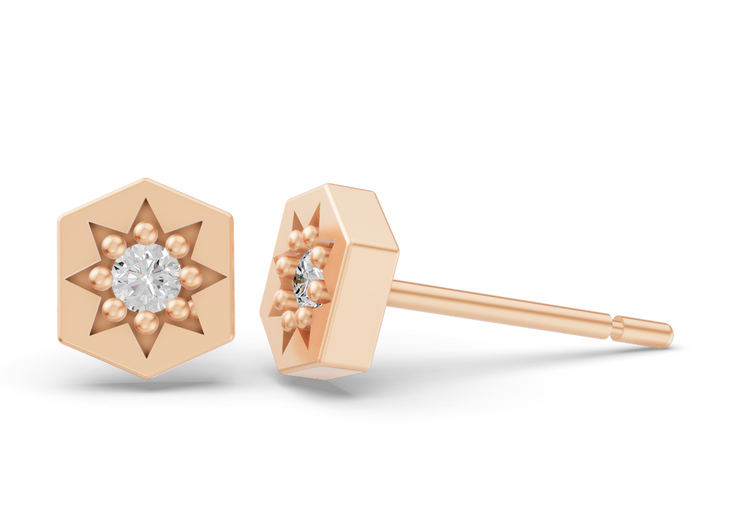 Hexagon Studs in Rose Gold and Diamond 