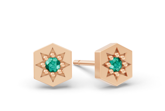 Hexagon Studs in Rose Gold and Emerald