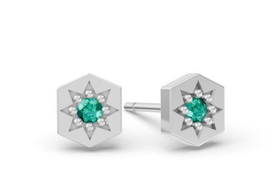 Hexagon Studs in White Gold and Emerald