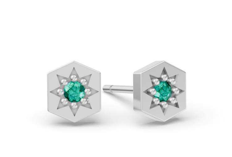Hexagon Studs in White Gold and Emerald