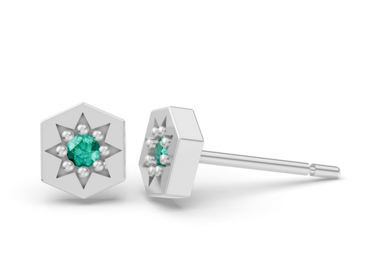 Hexagon Studs in White Gold and Emerald