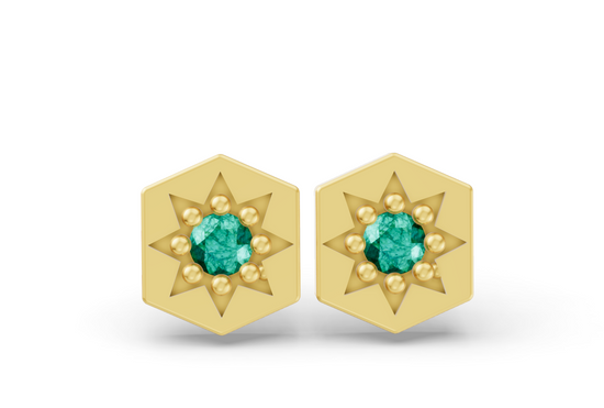 Hexagon Studs in Yellow Gold and Emerald