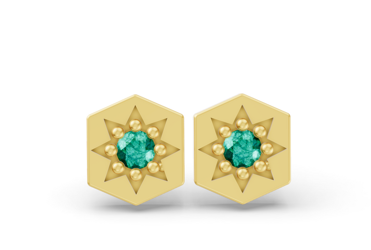 Hexagon Studs in Yellow Gold and Emerald