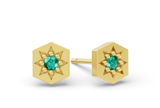 Hexagon Studs in Yellow Gold and Emerald