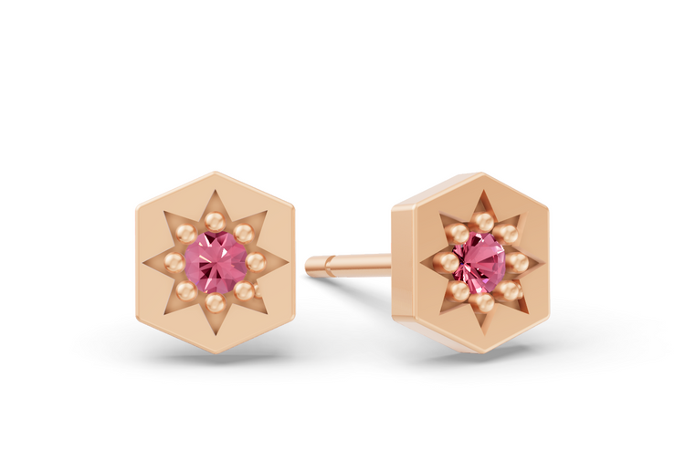 Hexagon Studs in Rose Gold and Pink Sapphire