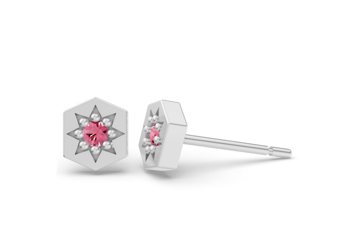 Hexagon Studs in White Gold and Pink Sapphire