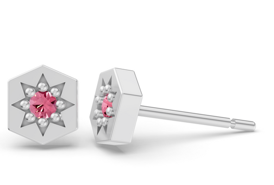 Hexagon Studs in White Gold and Pink Sapphire