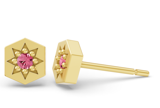 Hexagon Studs in Yellow Gold and Pink Sapphire