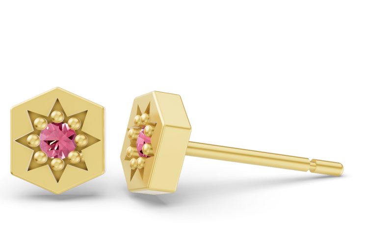 Hexagon Studs in Yellow Gold and Pink Sapphire