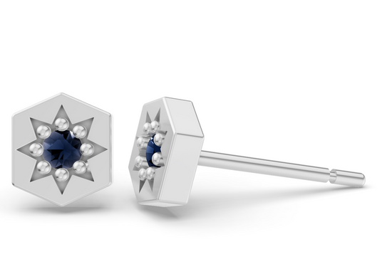 Hexagon Studs in White Gold and Sapphire