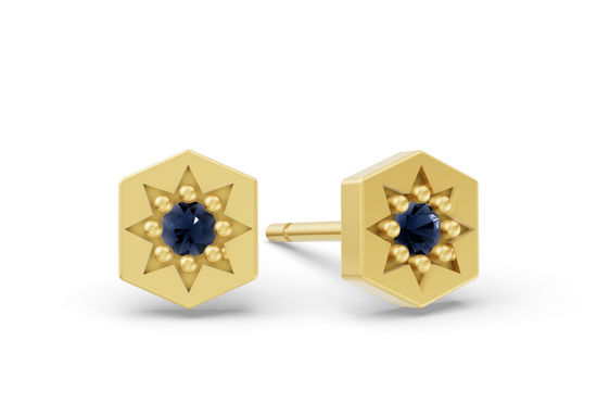 Hexagon Studs in Yellow Gold and Sapphire