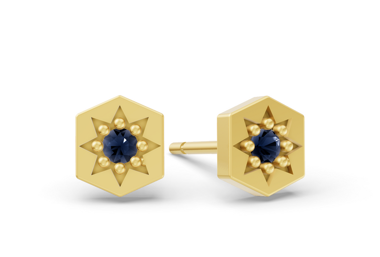 Hexagon Studs in Yellow Gold and Sapphire