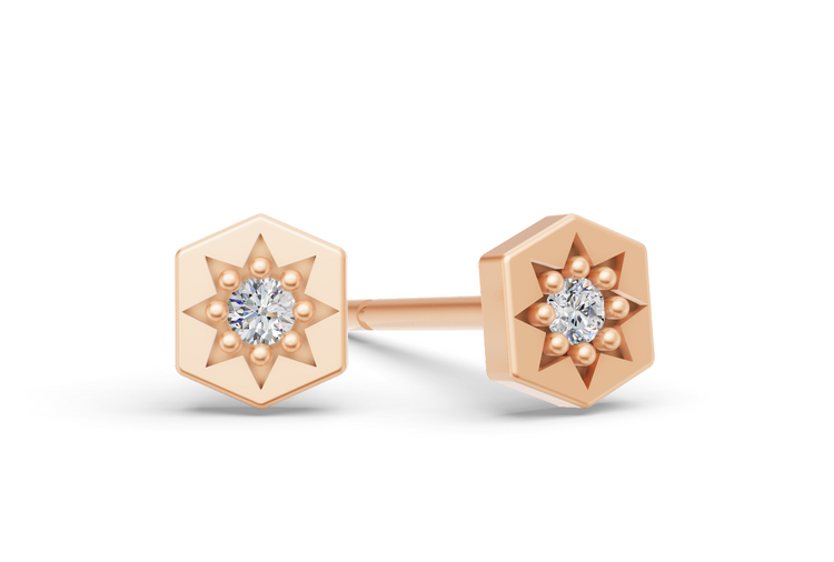 Mini Hexagon Studs in Rose Gold and Diamond