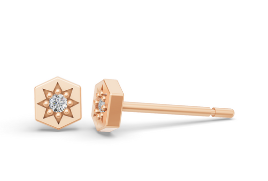 Mini Hexagon Studs in Rose Gold and Diamond