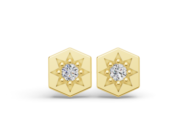 Mini Hexagon Studs in Yellow Gold and Diamond