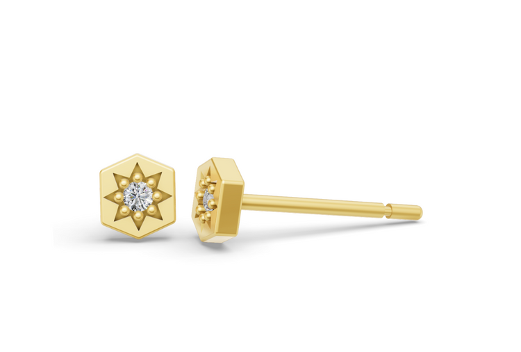 Mini Hexagon Studs in Yellow Gold and Diamond