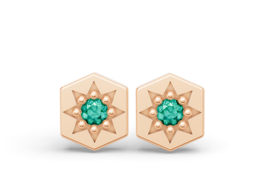 Mini Hexagon Studs in Rose Gold and Emerald