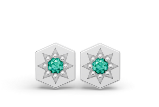 Mini Hexagon Studs in White Gold and Emerald