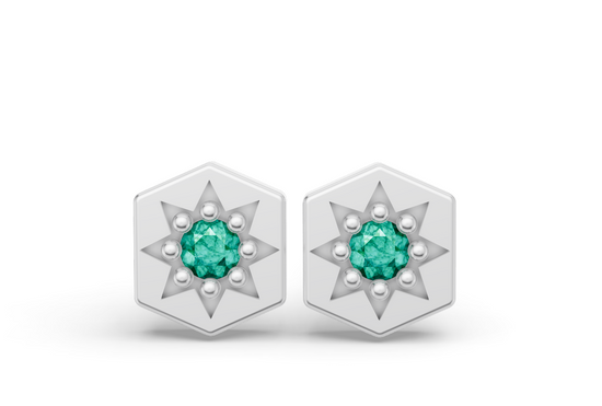 Mini Hexagon Studs in White Gold and Emerald