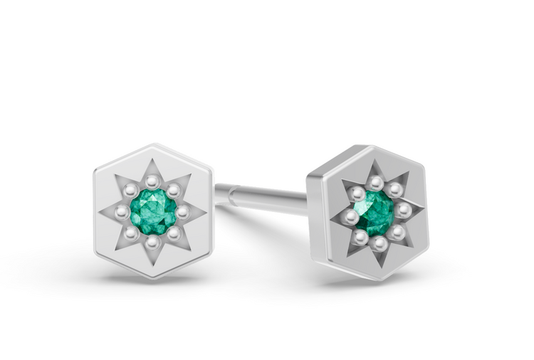 Mini Hexagon Studs in White Gold and Emerald