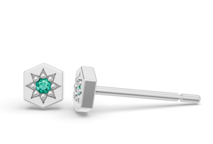 Mini Hexagon Studs in White Gold and Emerald