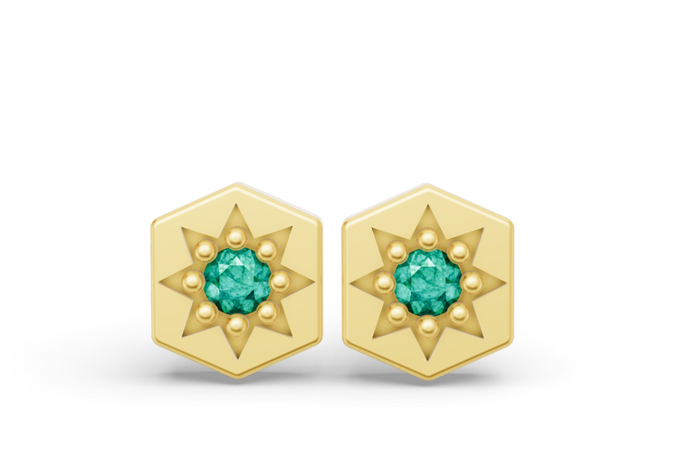 Mini Hexagon Studs in Yellow Gold  and Emerald