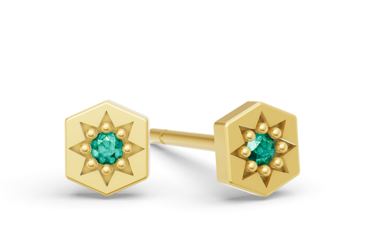 Mini Hexagon Studs in Yellow Gold  and Emerald