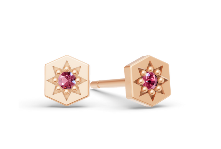 Mini Hexagon Studs in Rose Gold and Pink Sapphire