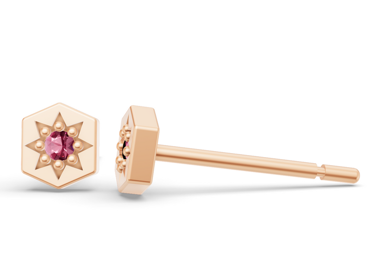 Mini Hexagon Studs in Rose Gold and Pink Sapphire