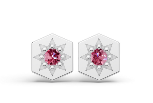 Mini Hexagon Studs in White Gold and Pink Sapphire