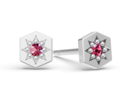 Mini Hexagon Studs in White Gold and Pink Sapphire