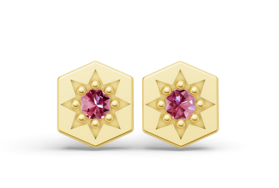 Mini Hexagon Studs in Yellow Gold and Pink Sapphire