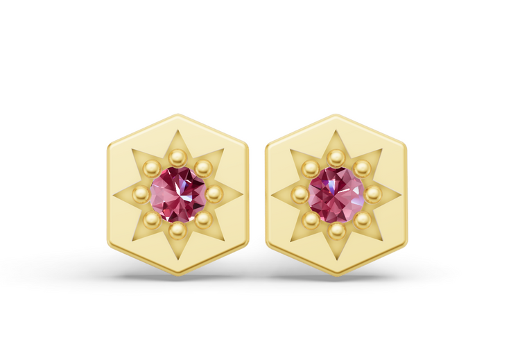 Mini Hexagon Studs in Yellow Gold and Pink Sapphire