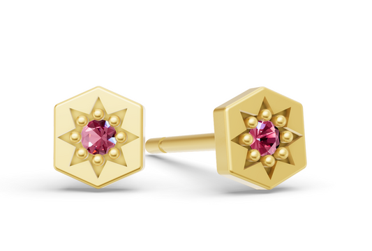 Mini Hexagon Studs in Yellow Gold and Pink Sapphire