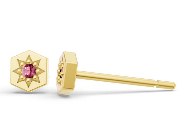 Mini Hexagon Studs in Yellow Gold and Pink Sapphire