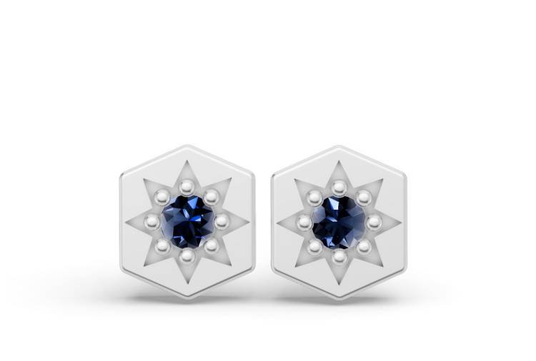 Mini Hexagon Studs in White Gold  and Sapphire