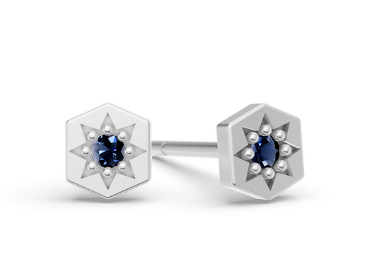 Mini Hexagon Studs in White Gold  and Sapphire