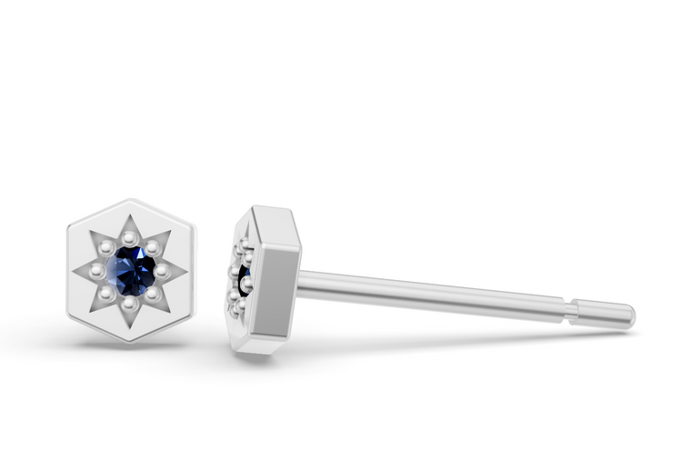 Mini Hexagon Studs in White Gold  and Sapphire