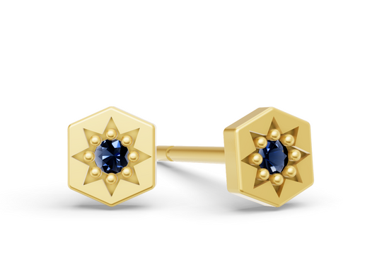 Mini Hexagon Studs in Yellow Gold and Sapphire