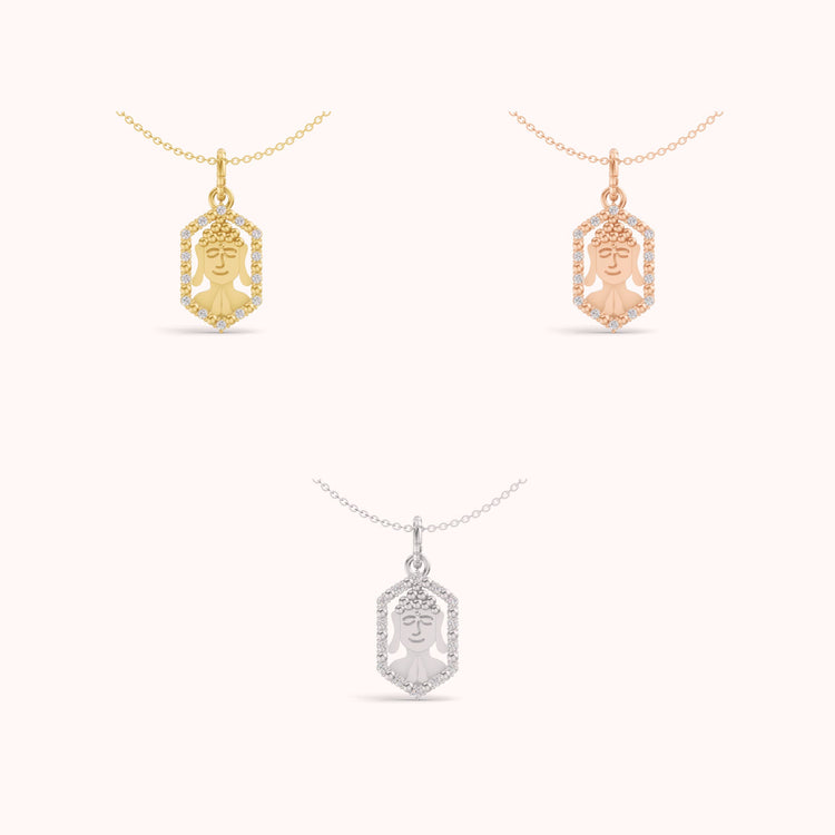 Diamond Dot Pleasant Buddha Charm in yellow, white and rose gold