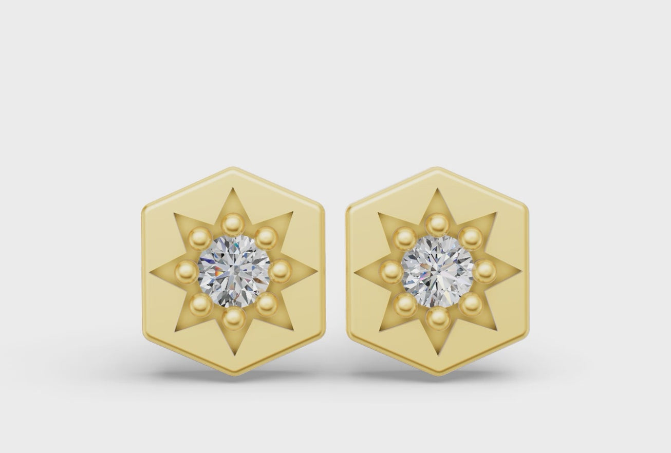 Mini Hexagon Studs in Yellow Gold and Diamond - Video