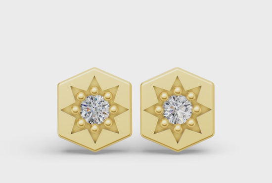 Mini Hexagon Studs in Yellow Gold and Diamond - Video