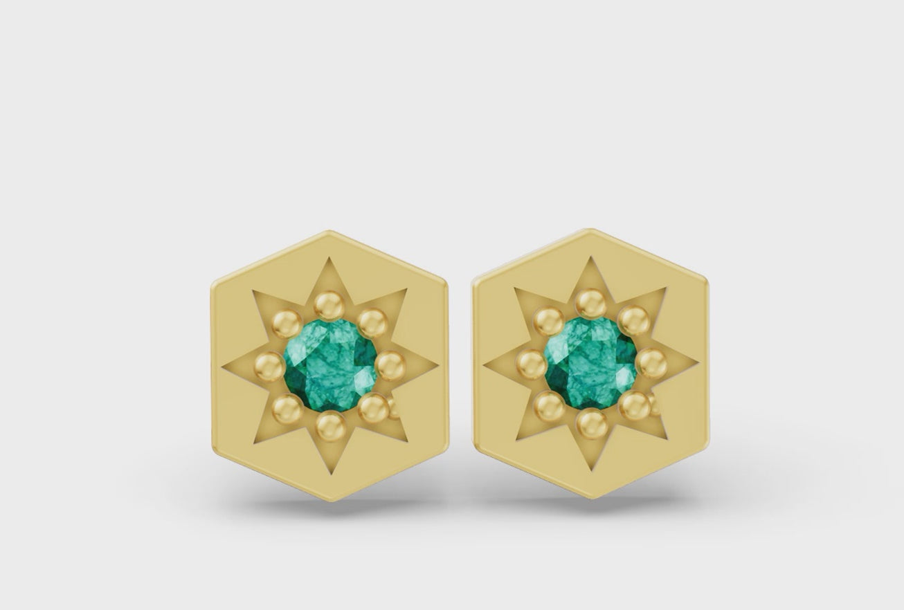 Hexagon Studs in Yellow Gold and Emerald - Video