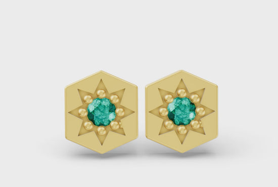 Hexagon Studs in Yellow Gold and Emerald - Video