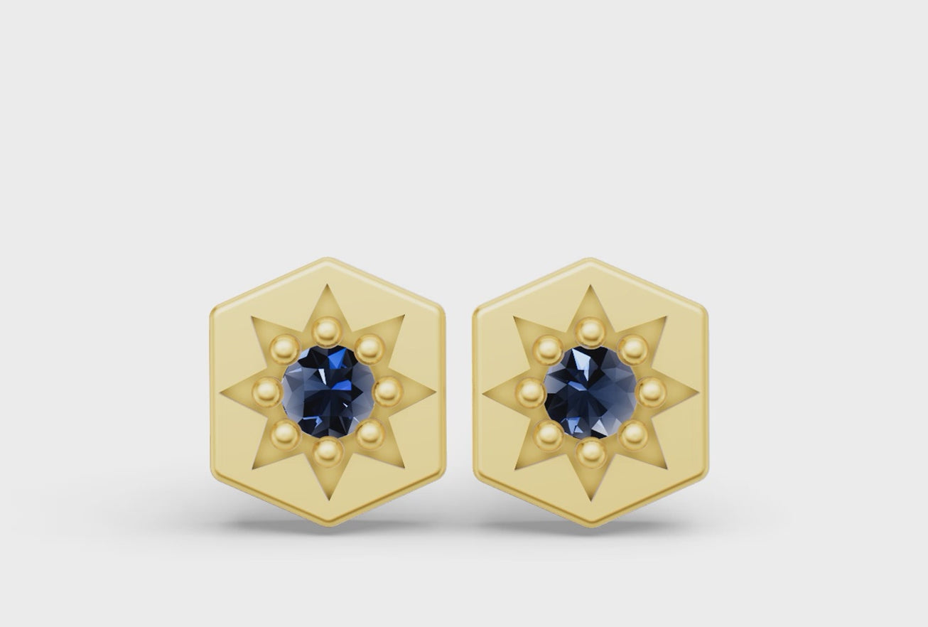 Mini Hexagon Studs in Yellow Gold and Sapphire - Video