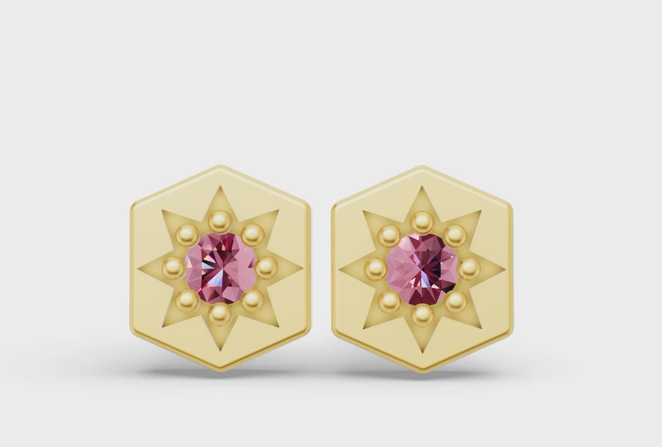 Mini Hexagon Studs in Yellow Gold and Pink Sapphire - Video